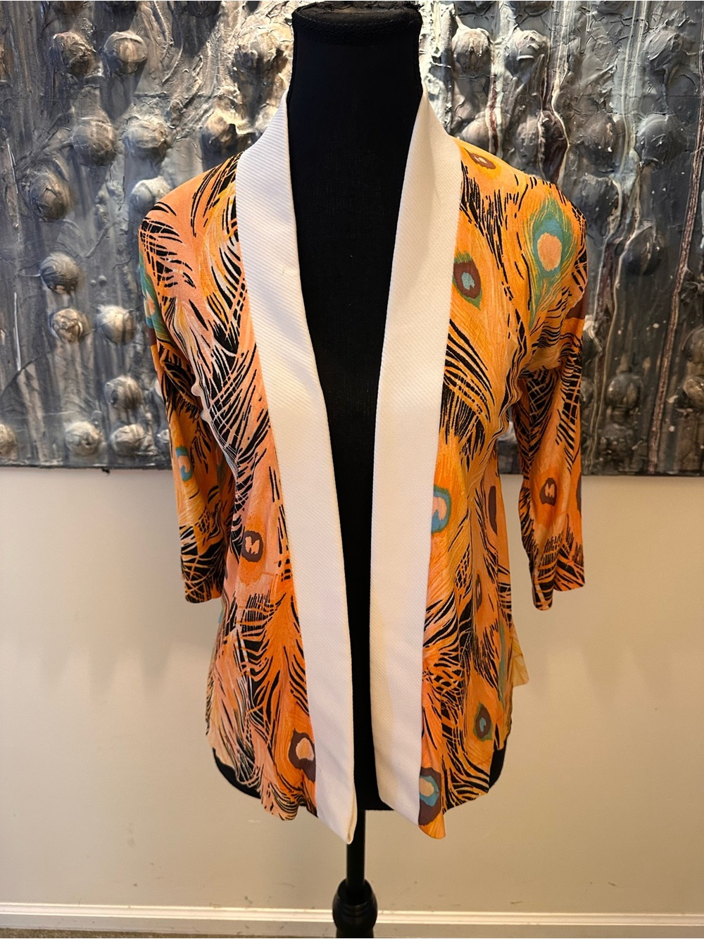 Vintage Small Orange Peacock Feather Print Open Cardigan with White Trim